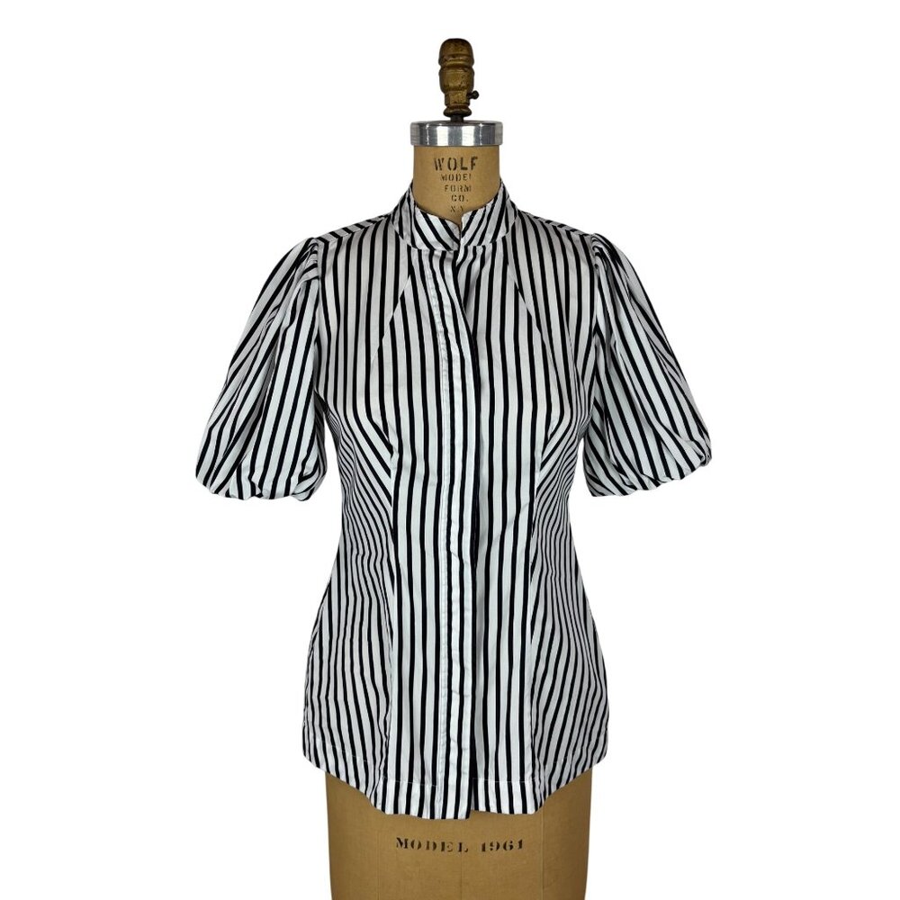 Banana Republic Stripe Top Womens Size Small Y2K Black White Striped Puff Sleeve - Picture 2 of 12